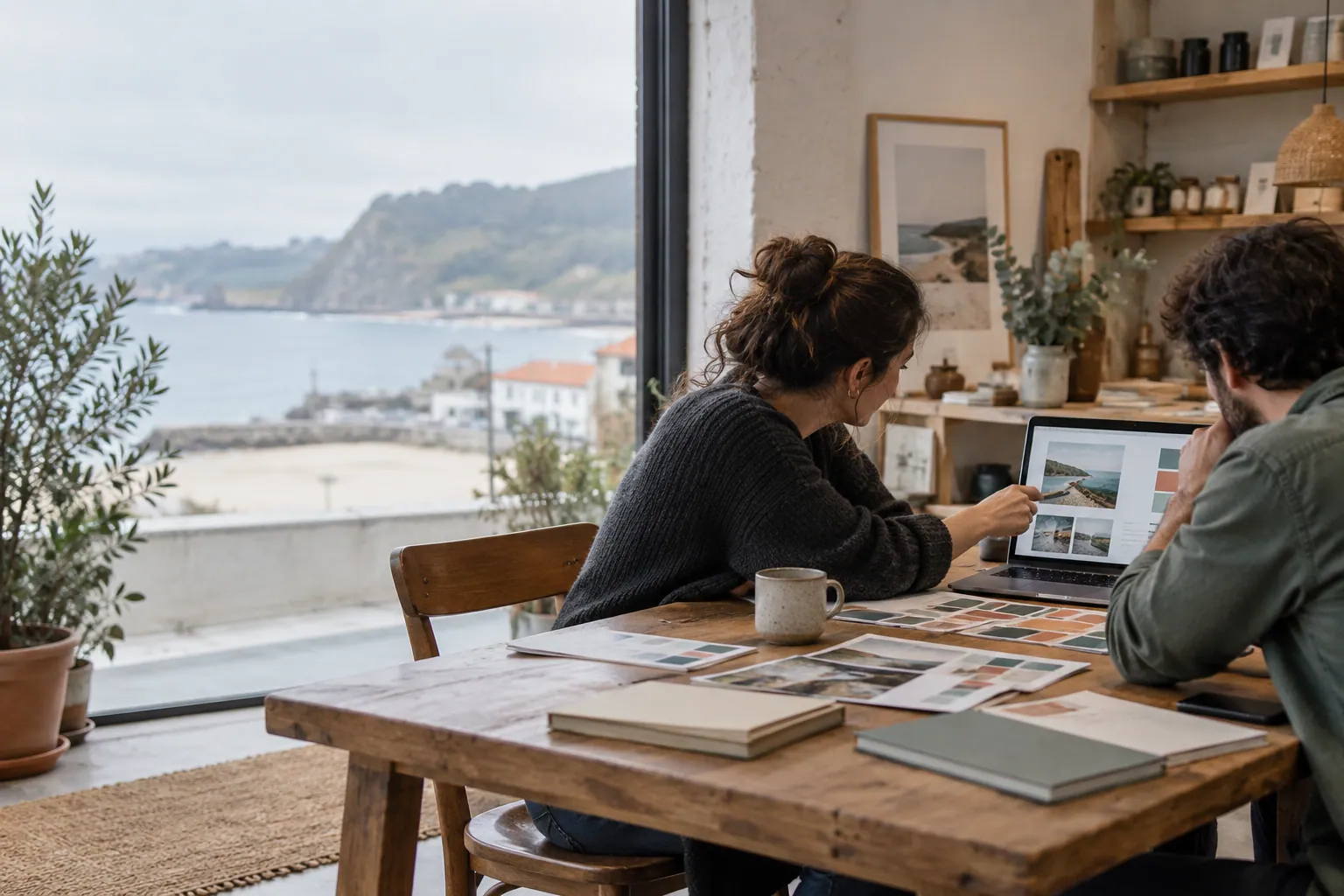 Diseñadora revisando una identidad visual con un pequeño negocio de Cantabria